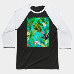 Stylish Tropical floral leaves and foliage botanical illustration, botanical pattern, tropical plants, aqua blue leaves pattern over a Baseball T-Shirt